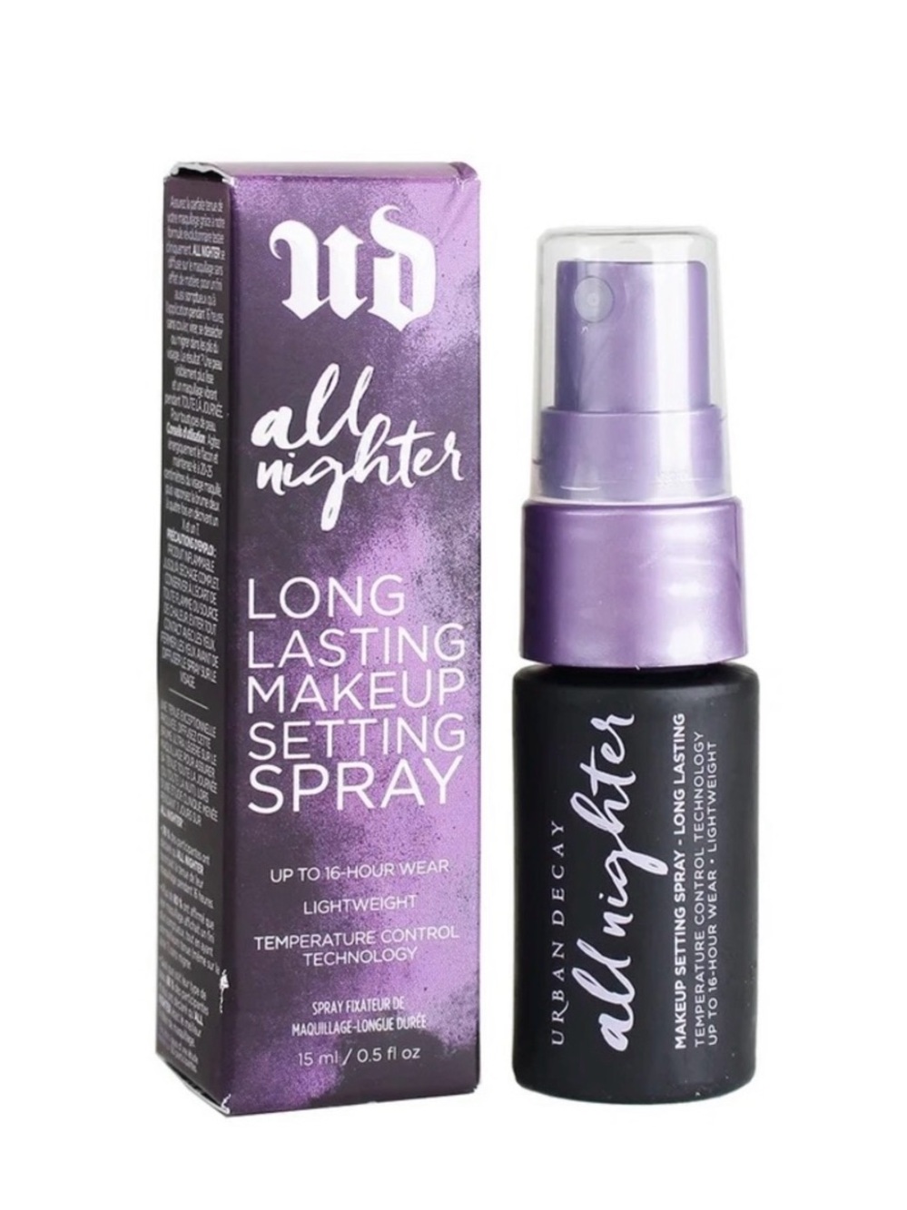 Urban Decay All Nighter Makeup Setting Spray — Purple & Black Mini, travel size.